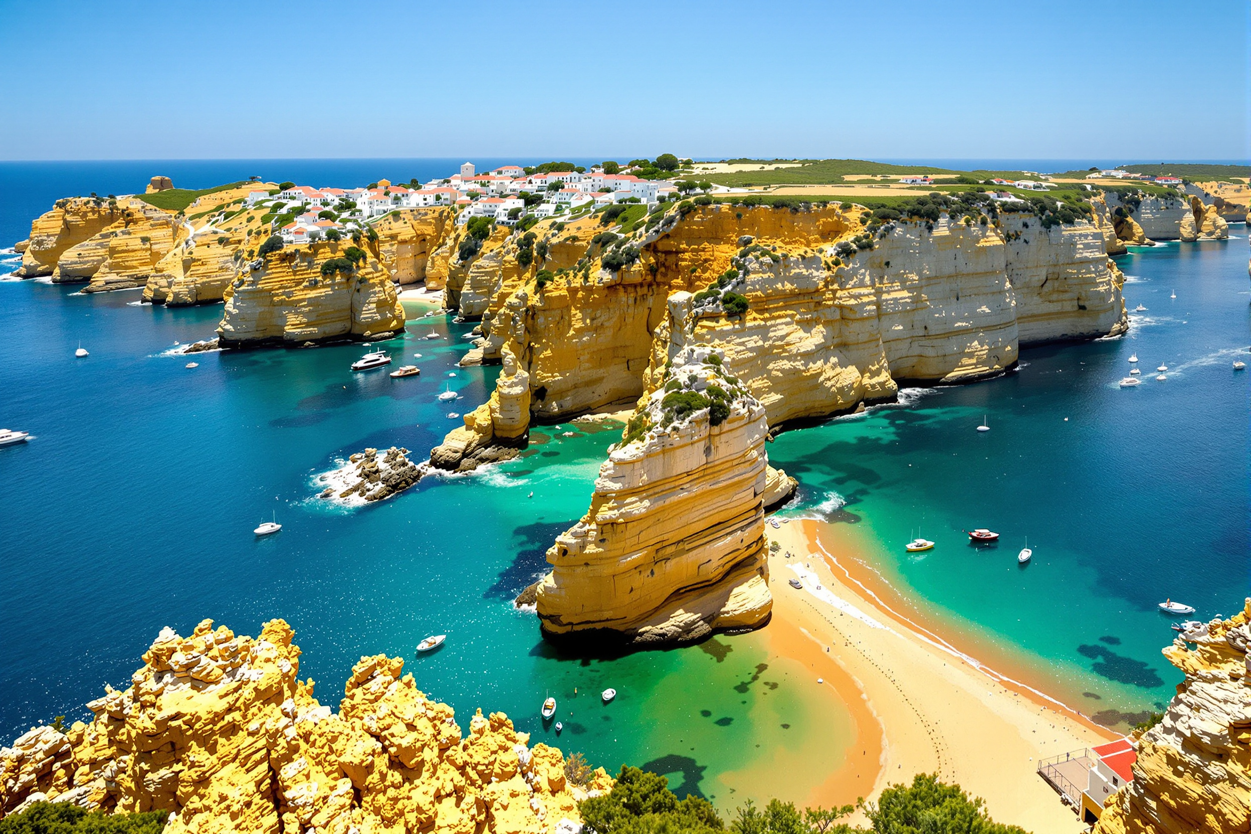 Vue aérienne de la côte de l'Algarve avec ses falaises dorées et villages de pêcheurs