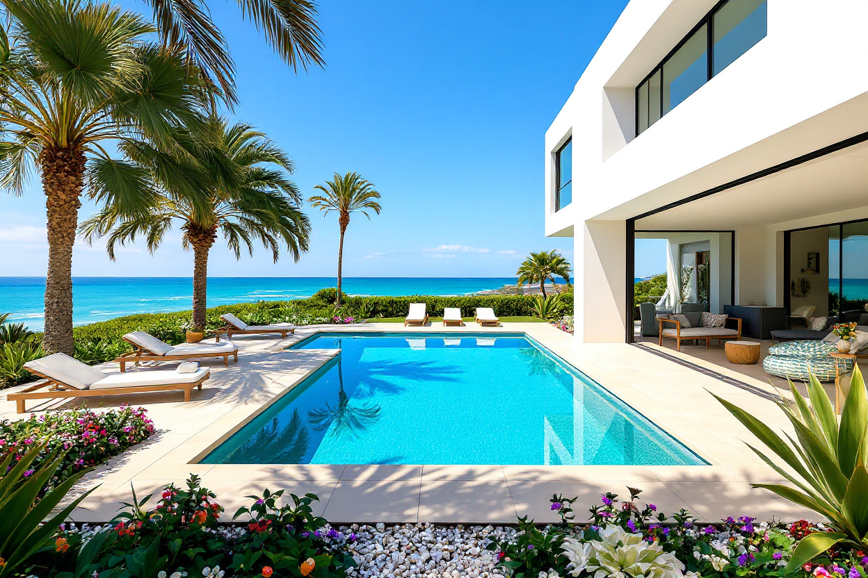 Villa de charme en Algarve avec piscine privée au centre, face à l'océan au coucher du soleil.