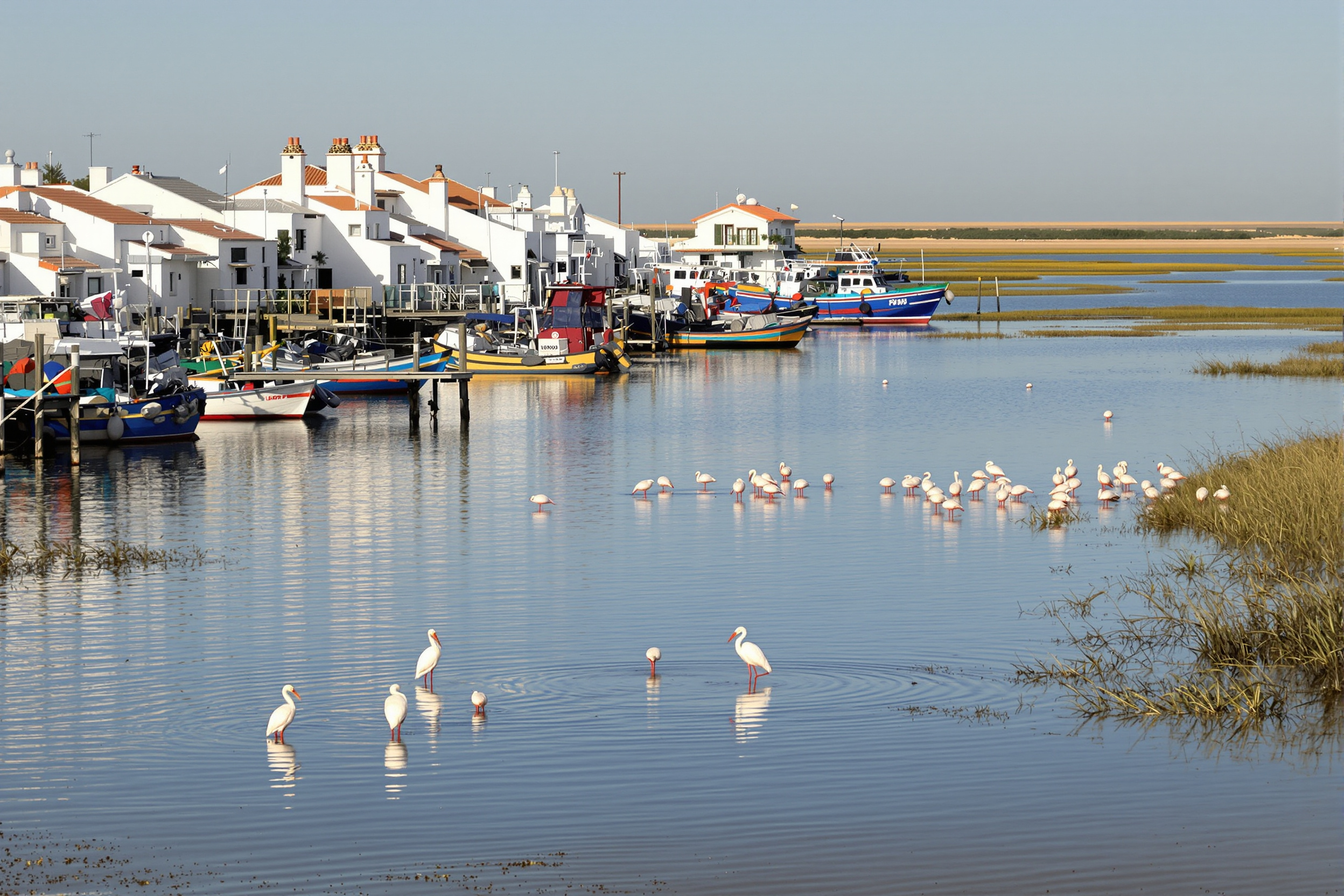 Lagune de Ria Formosa au lever du soleil avec bateaux de pêche traditionnels