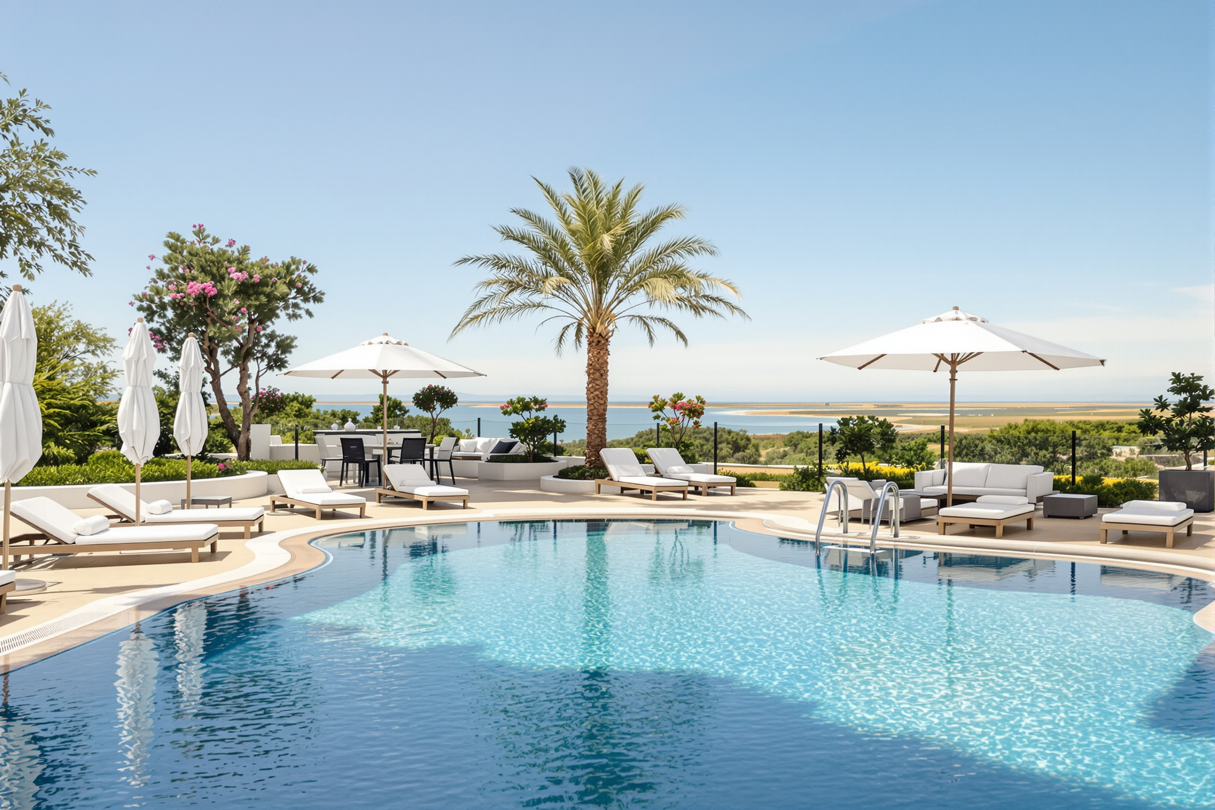 Terrasse avec piscine et espaces détente à Casa Fuseta