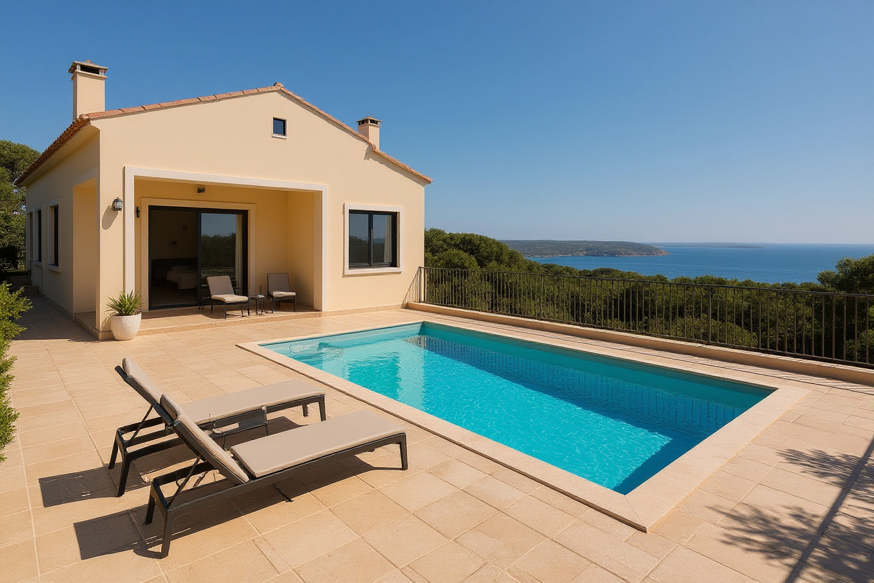 Une villa privée en Algarve avec piscine sur une terrasse ensoleillée surplombant la Ria Formosa.