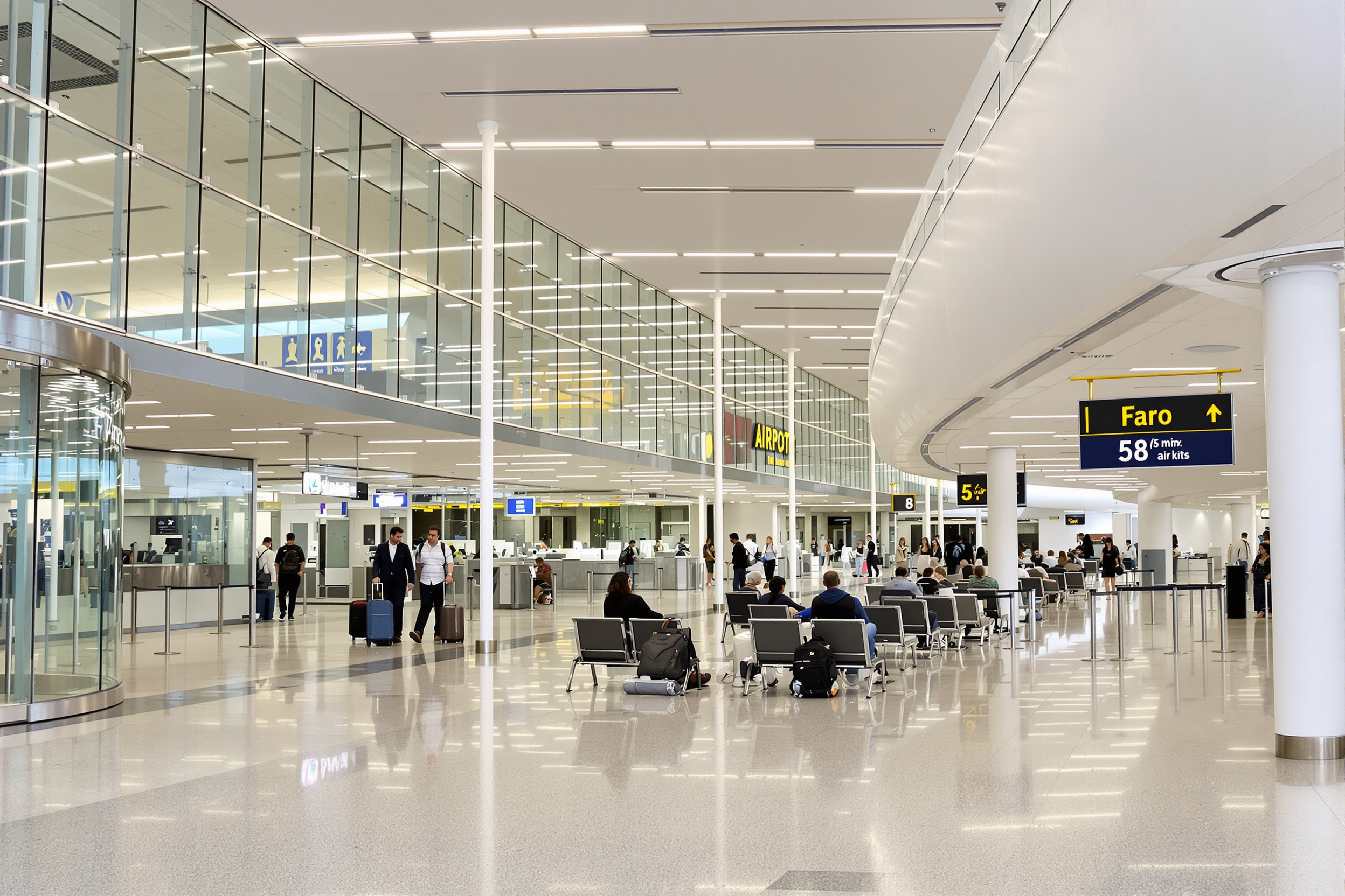 Terminal des arrivées de l'aéroport de Faro avec zone de taxis