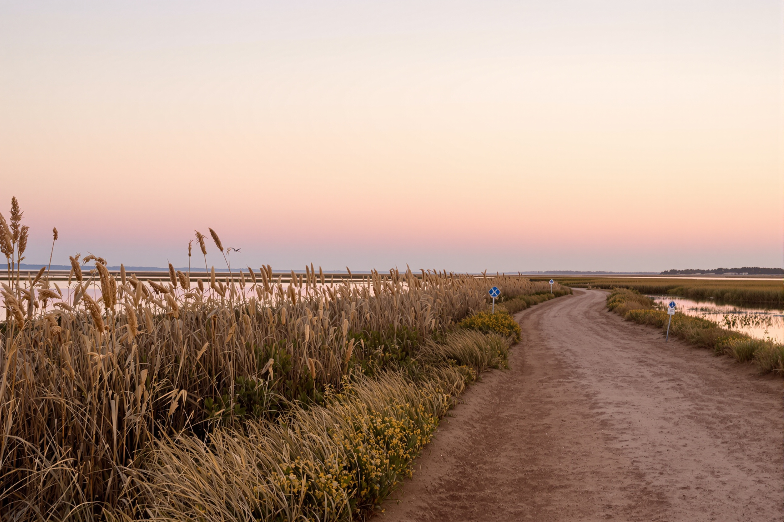 Sentier de randonnée traversant les marais salants de la Ria Formosa