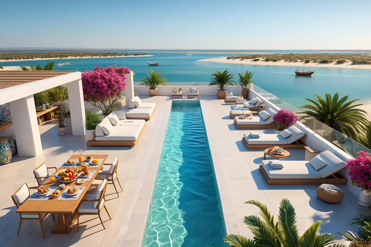 Casa Fuseta rooftop pool with panoramic sea views