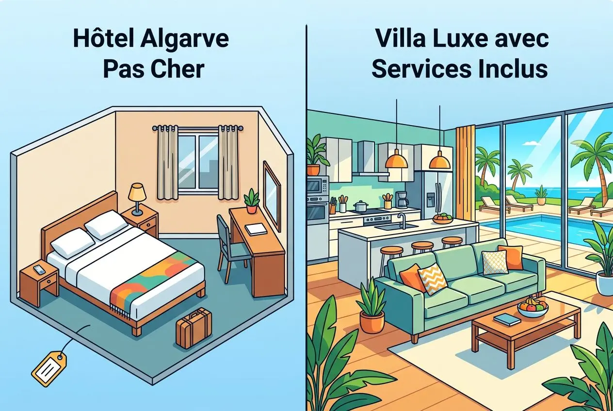 Alt text: Hôtel Algarve Pas Cher et Villa Luxe avec Services Inclus, illustration montrant d’un côté une chambre simple et, de l’autre, un séjour lumineux avec cuisine ouverte et piscine, près de vues mer. location villa de luxe algarve
