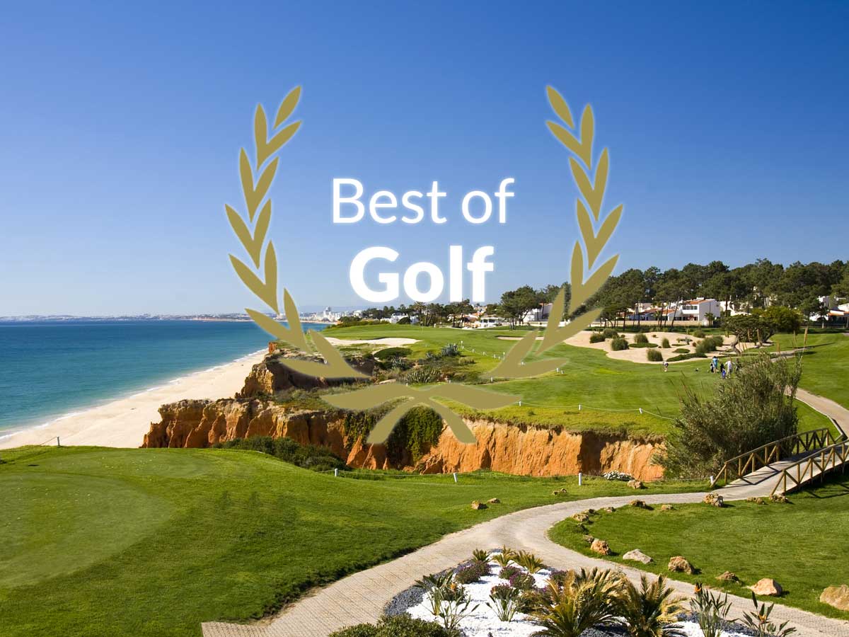 Best of Golf scene at a coastal Algarve course with blue sky, green fairways, and a cliffside path overlooking the beach coastline, featuring a laurel wreath graphic. golf algarve weather conditio