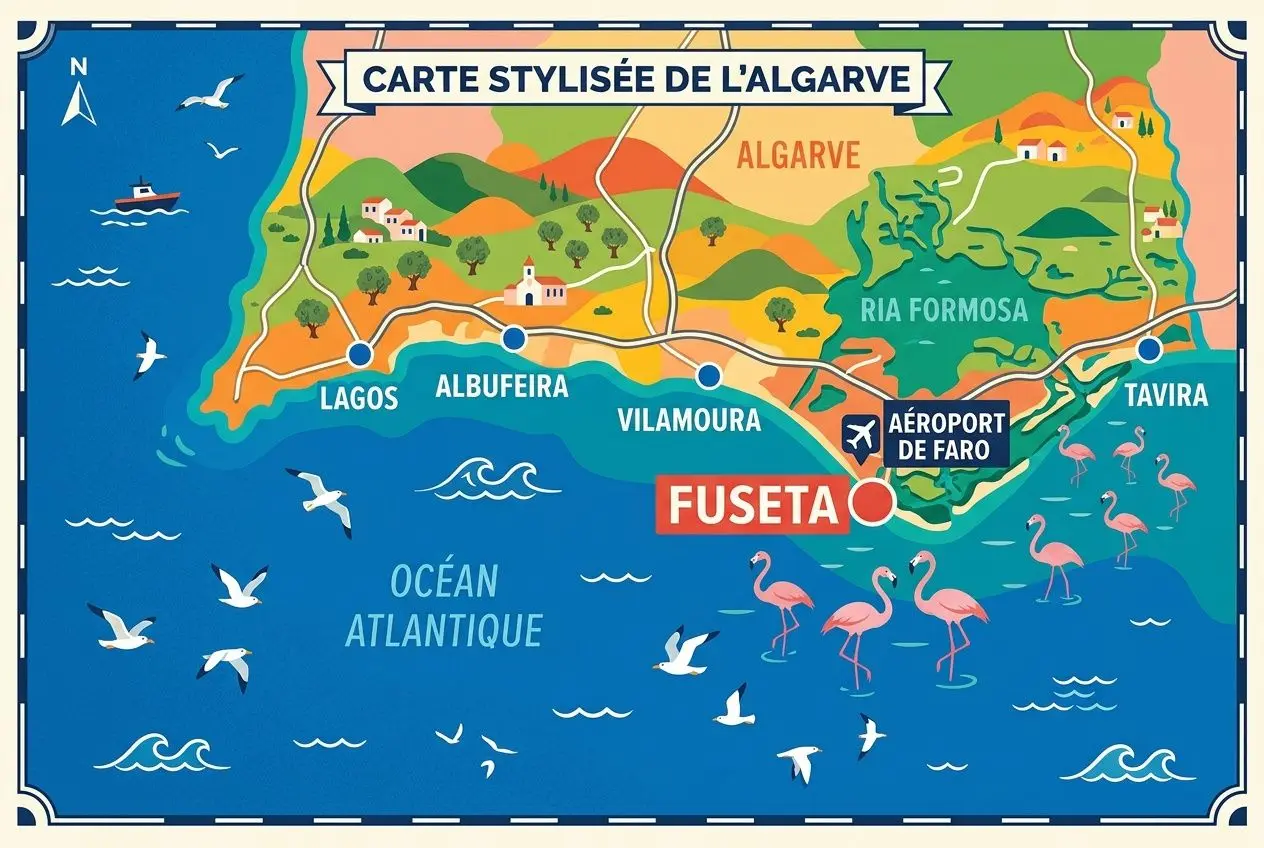 Carte stylisée de l’Algarve montrant Fuzeta, Tavira, Albufeira et Lagos avec l’aéroport de Faro et la côte, zones colorées et flamants roses. location villa de luxe portugal avec piscine