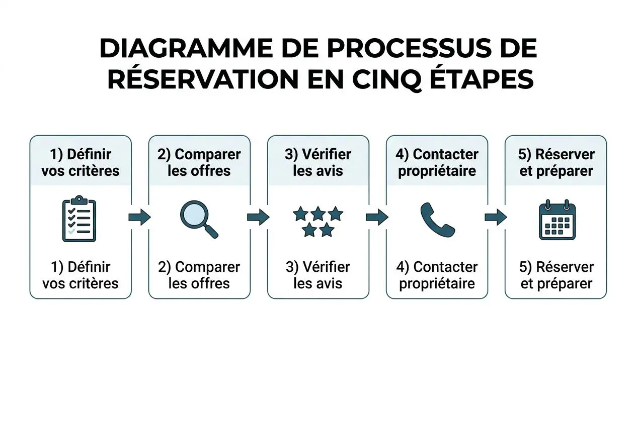Diagramme de processus de réservation en cinq étapes pour une location villa de luxe portugal avec piscine, montrant critères, comparaison d’offres, avis, contact et réservation préliminaire.