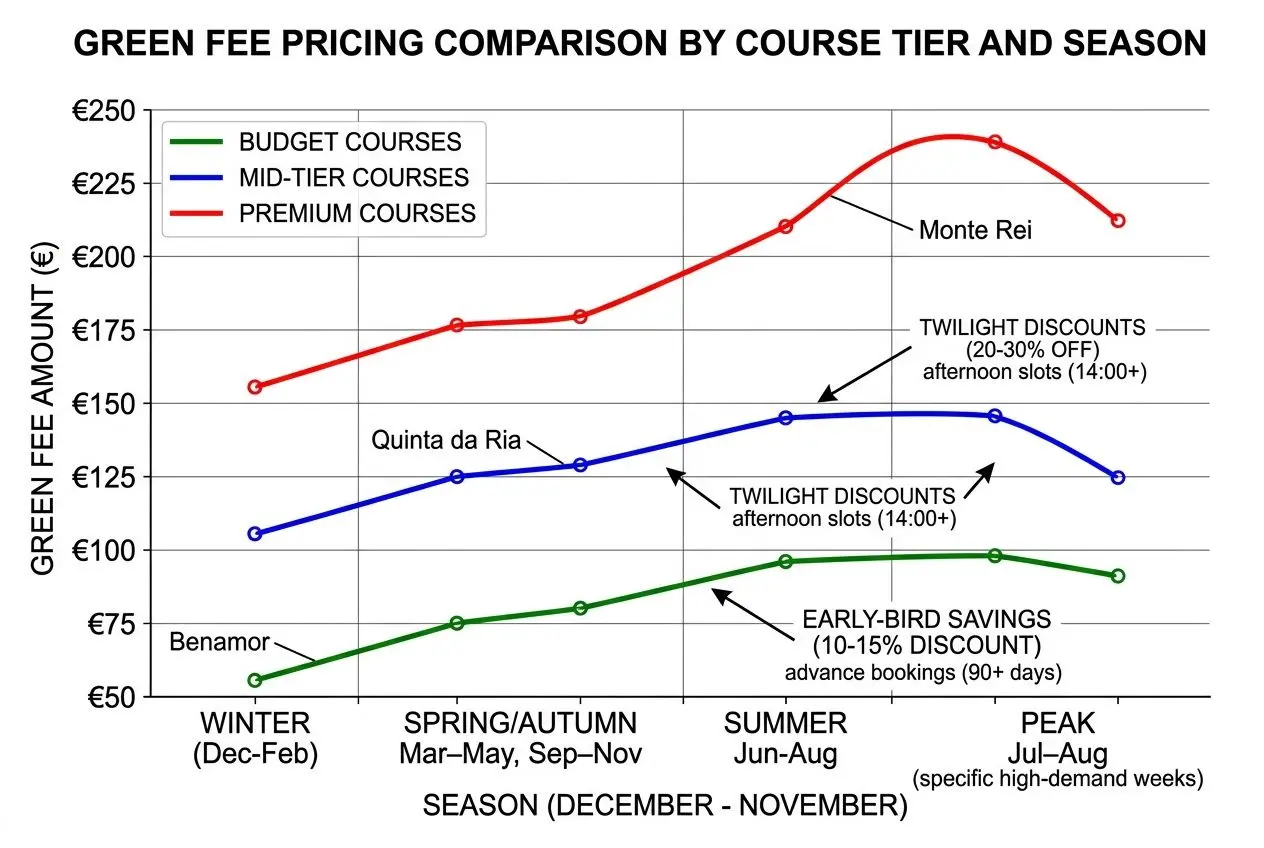 Green fee pricing chart for Algarve golf courses by season and course tier (budget, mid-tier, premium) with annotations for discounts and savings across winter to peak periods. Incorporates the idea of planning “t to play golf in algarve” by showing when deals are available.