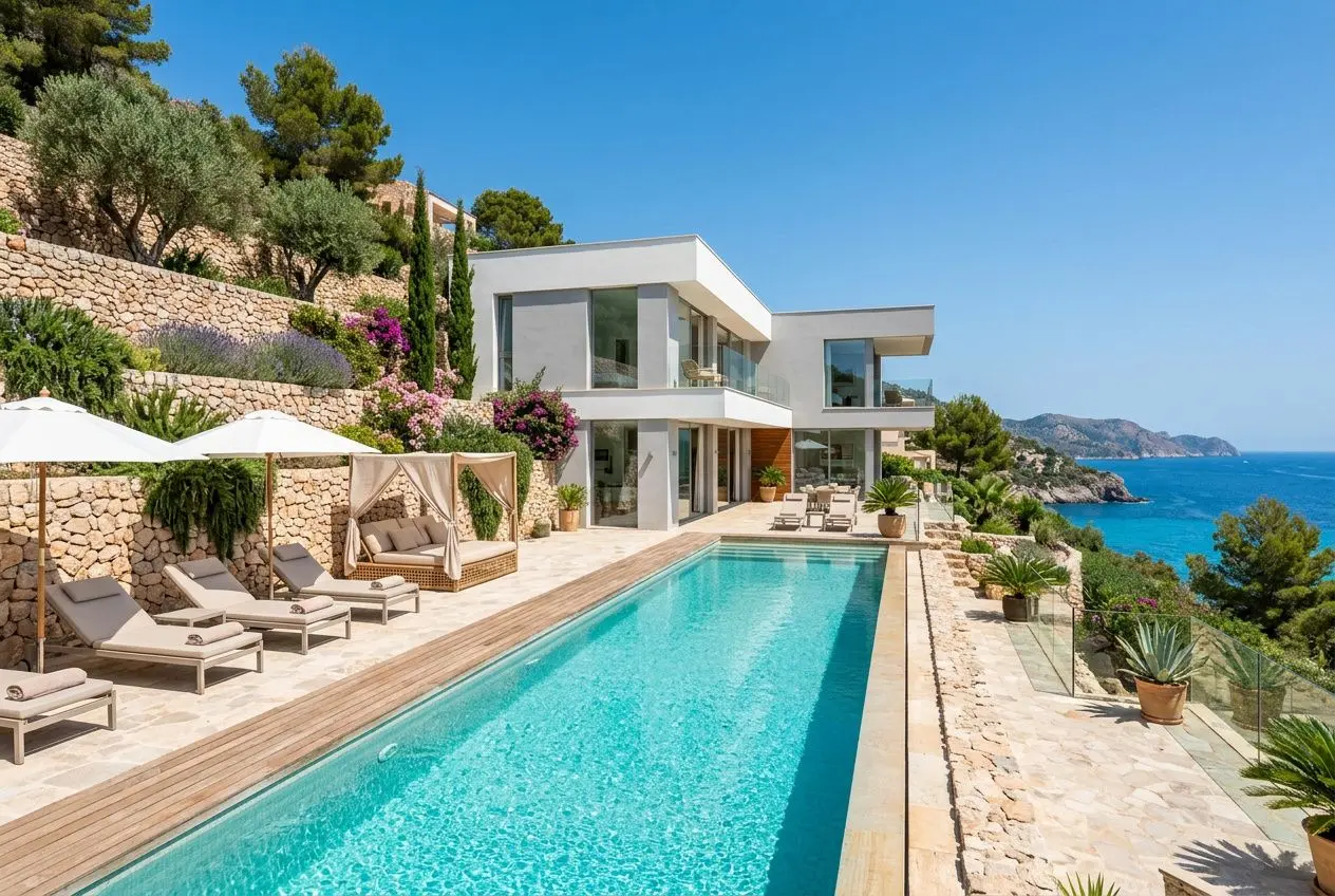 Location villa de luxe portugal avec piscine: villa moderne avec terrasse en bord de mer et grande piscine privée, chaises longues et parasols, vue sur l’océan.
