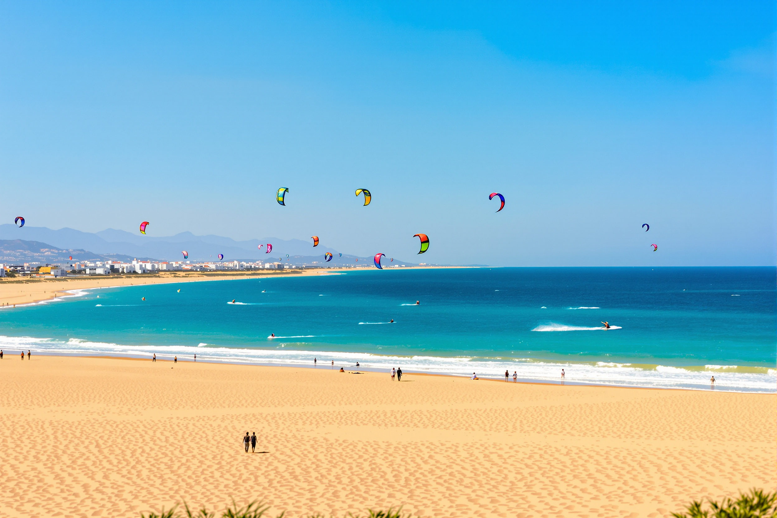 Plage dorée avec seafront et kite-surfers, horizon clair et eaux turquoises, littoral Algarve propice à la location villa de luxe algarve.