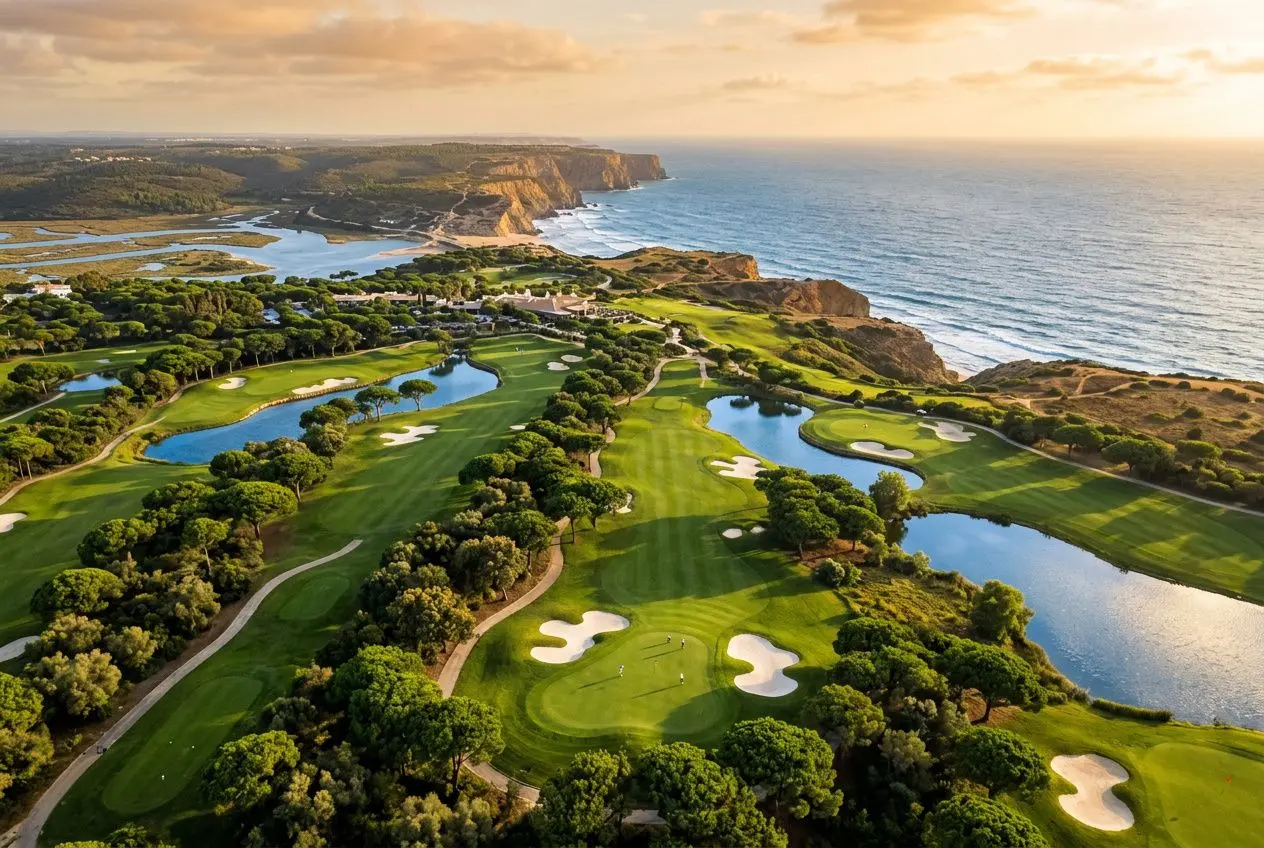 Aerial view of a lush coastal golf course with fairways, sand bunkers, and water hazards, overlooking the sea at sunset. how exclusive is pine valley