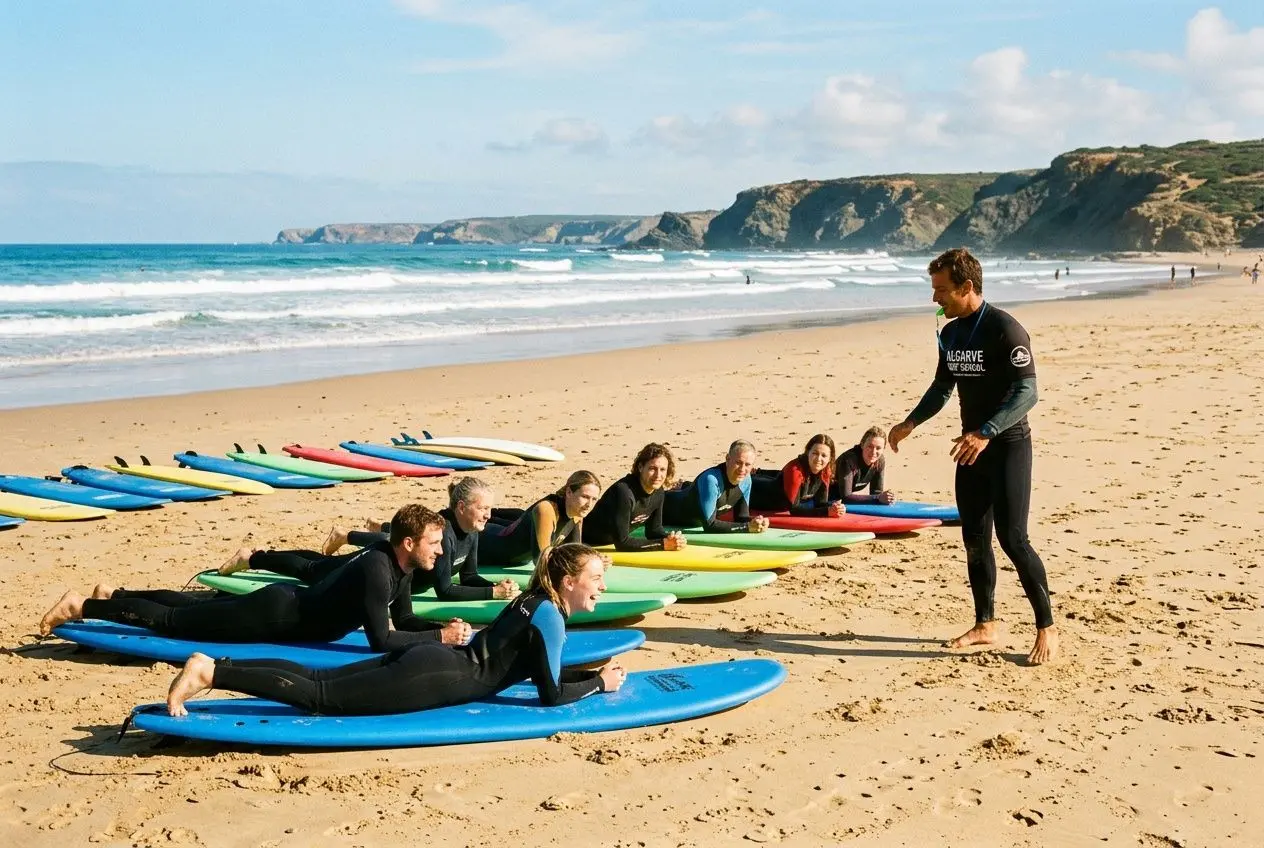 Groupe de surfeurs en formation sur la plage, prête à apprendre avec un instructeur lors d’un cours de surf Algarve.
