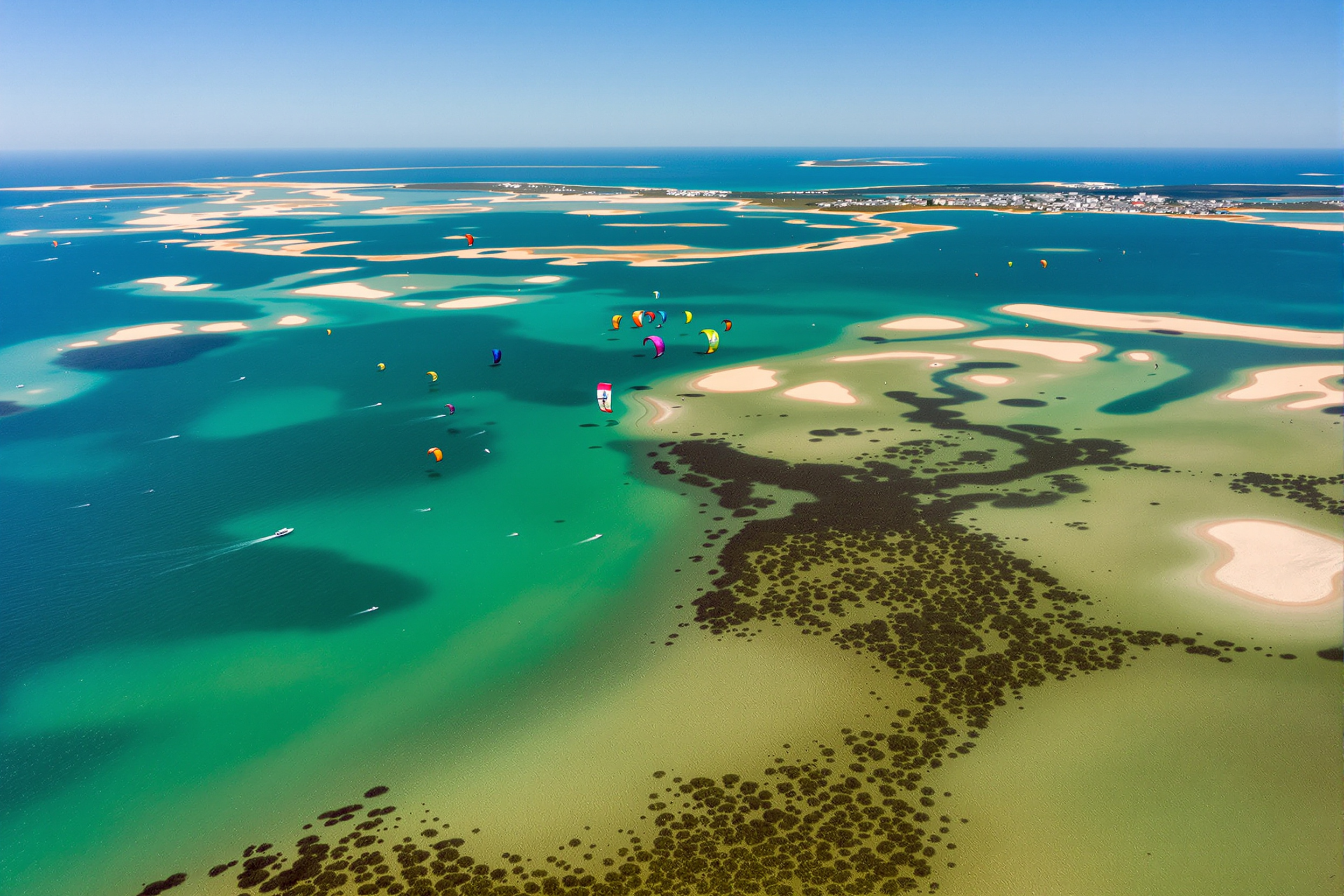 Spot kitesurf Ria Formosa: kitesurfeurs sur les eaux turquoises autour des bancs de sable près de Fuseta dans l’estuaire portugais.