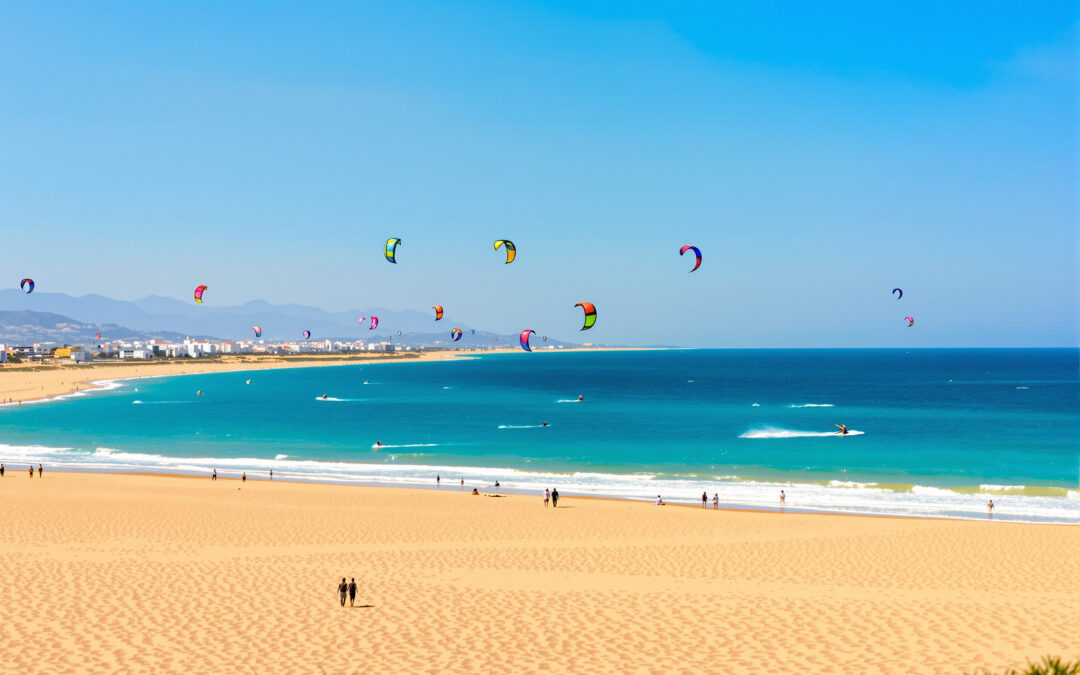 Spots kitesurf Ria Formosa à Fuseta: plage dorée et parapentes/kites sur l’eau, vue panoramique de la côte Algarve.