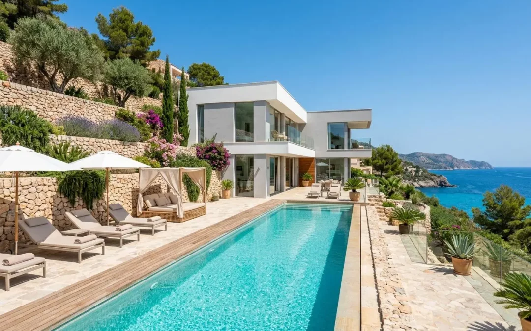 Vacation villa with a long rectangular pool overlooking the sea, modern white villa, sun loungers, parasols, and terraced stone walls in a coastal setting. villas in portugal with private pool near beach