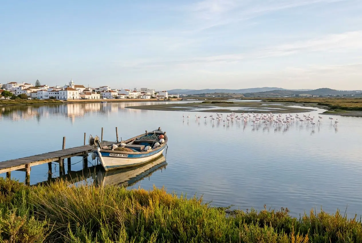 Bateau amarré près d’un quai en bord de lagune, village de pêcheurs blanc au fond et flèches d’oiseaux dans l’eau calme. meilleures locations de charme dans un village de pêcheurs en algarve ?