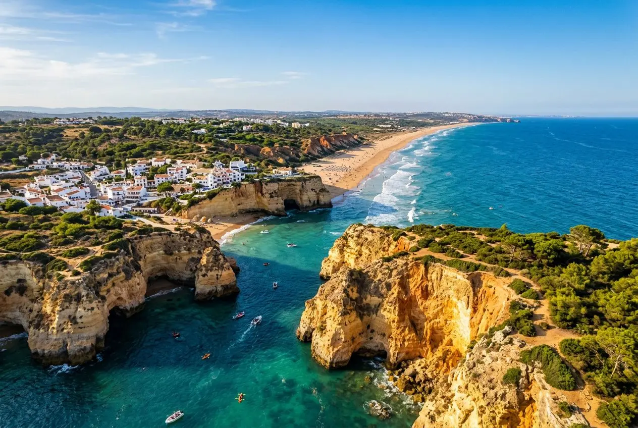 Belle côte de l’Algarve avec falaises dorées, plage et eaux turquoise; village de pêcheurs en ligne et bateaux au large. meilleures locations de charme dans un village de pecheurs en algarve ?