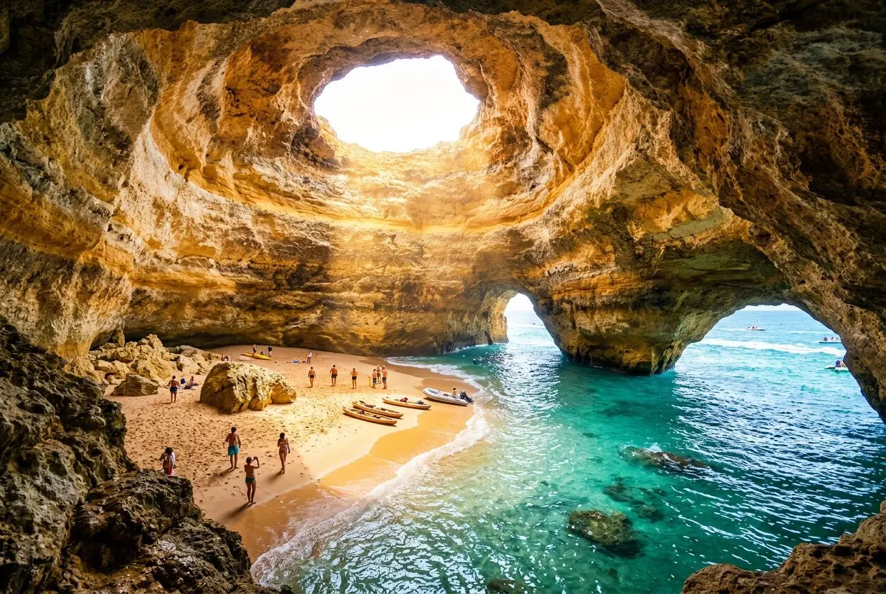 Cave opening over a secluded Algarve beach, turquoise waters and small boats by the sandy cove, framed by rugged rock arch. when is the best time to visit algarve for a quieter luxury stay?